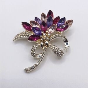 Anne Klein Purple Floral Marquise Brooch With Clear Rhinestone Accents